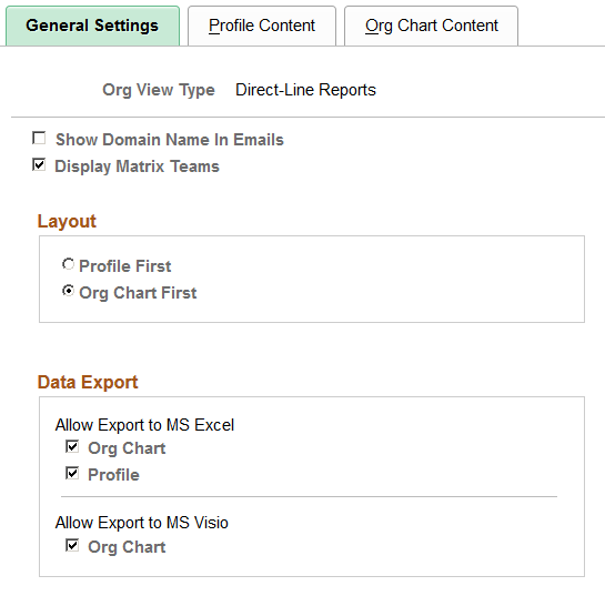 Chart and Profile Settings - General Settings page for the Direct-Line Reports and Matrix Reports org view types