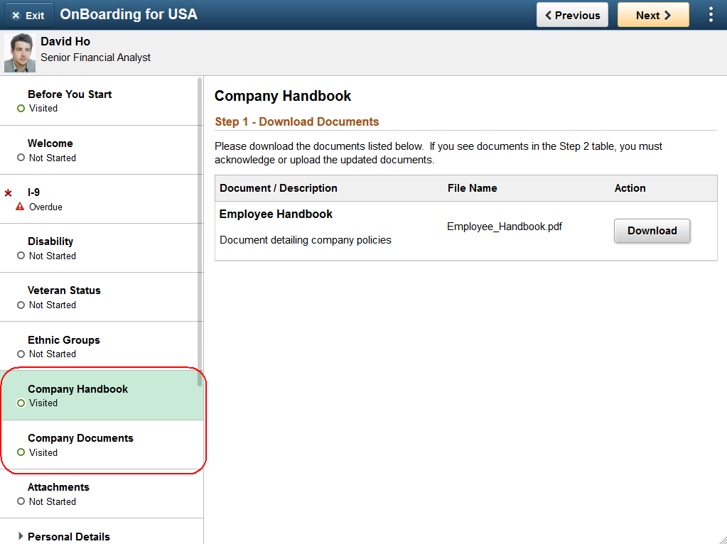 Example of the OnBoarding pages showing steps using document groups (1 of 2)