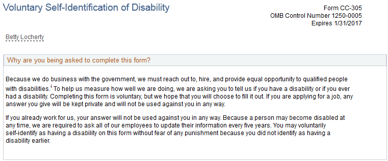 Voluntary Self-Identification of Disability page (1 of 3)