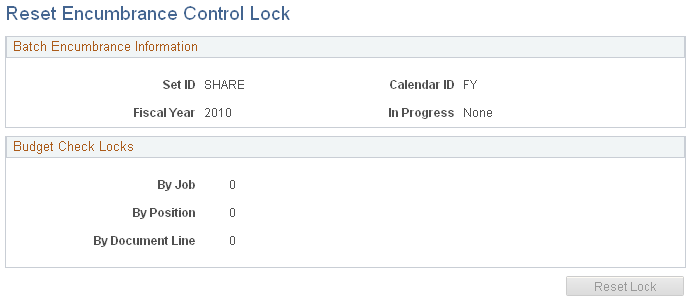 Reset Encumbrance Control Lock page