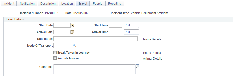 Incident Details - Travel page (1 of 2)