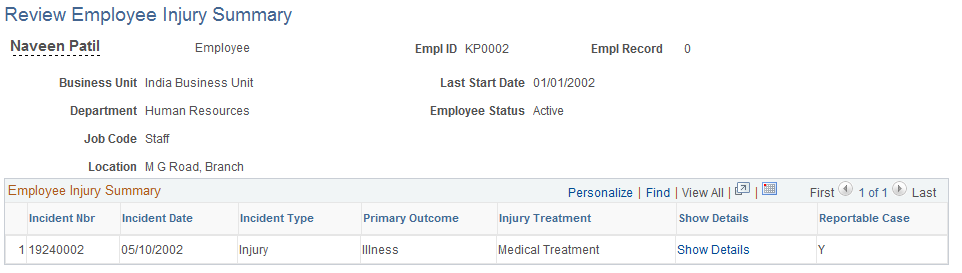 Review Employee Injury Summary page