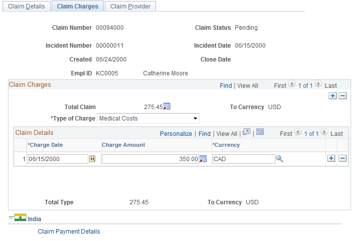 Claim Charges page