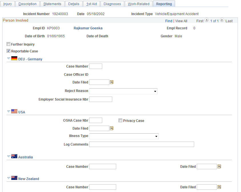 Injury Details - Reporting page (1 of 2)