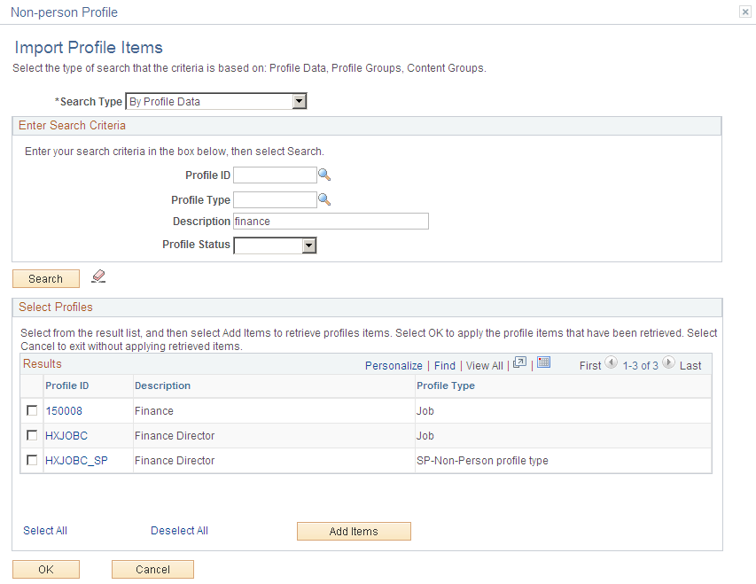 Import Profile Items page