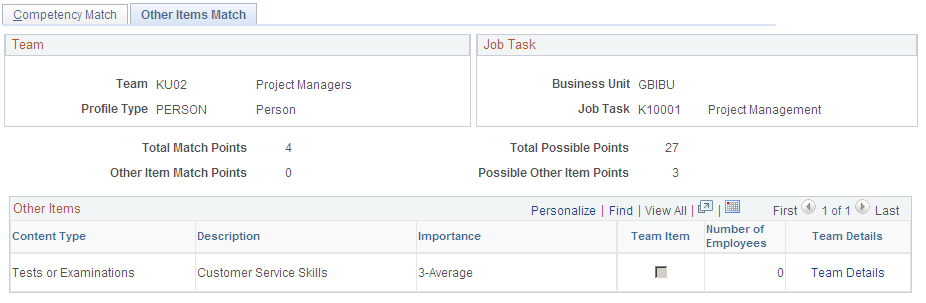 Compare Team to Job Task - Other Items Match page
