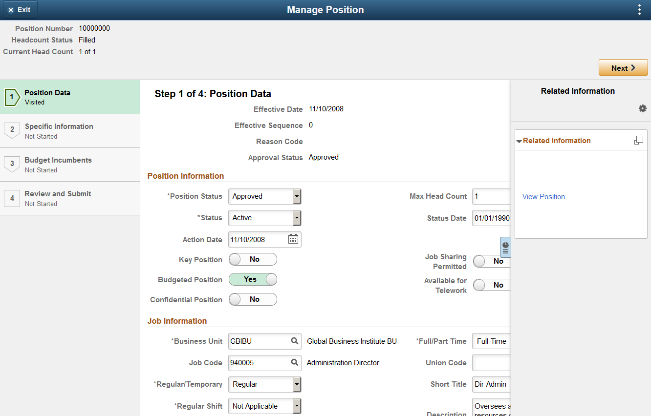 Supplementary Panel for the Manage Position pages