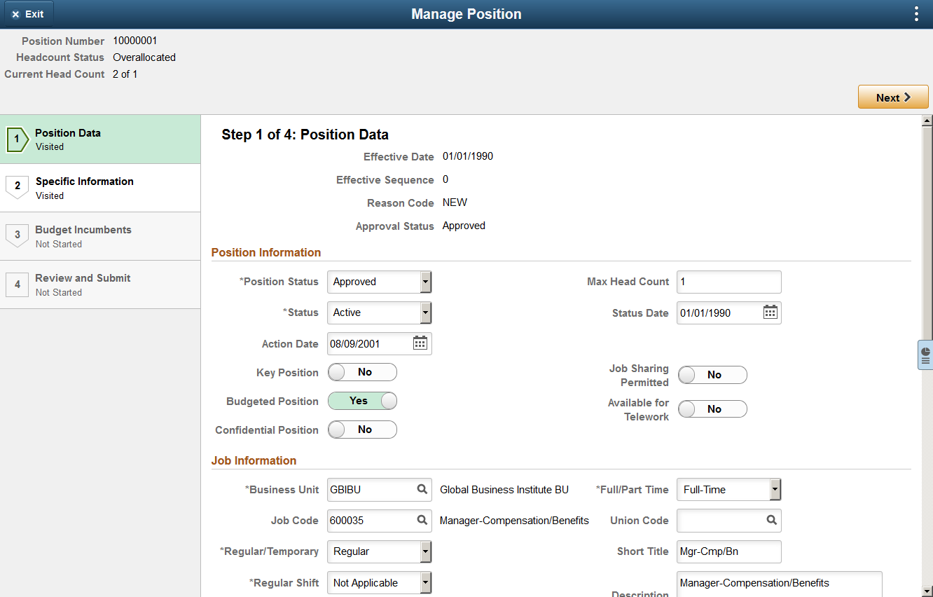 Manage Position page layout
