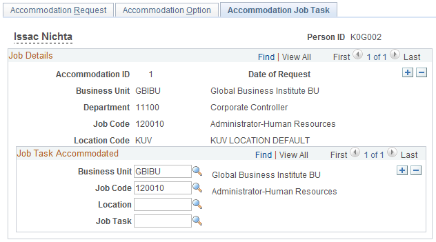 Accommodation Job Task page