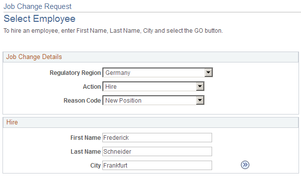 Job Change Request - Select Employee page: Hire action
