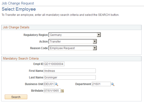 Job Change Request - Select Employee page: Transfer action