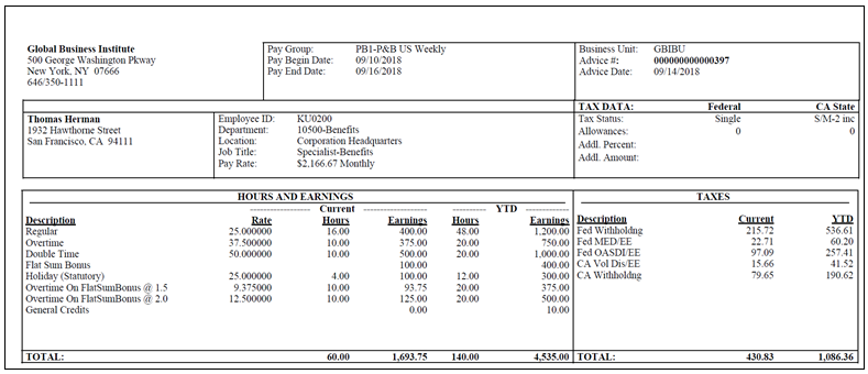 Paycheck in PDF showing overtime pay on flat sum bonus