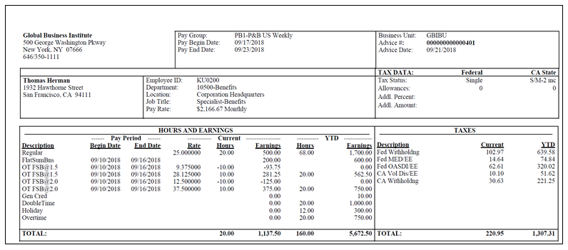 Paycheck in PDF showing updated overtime pay on flat sum bonus