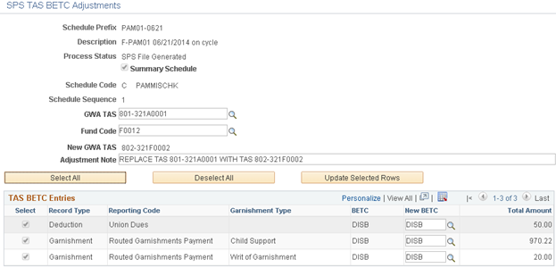 SPS TAS BETC Adjustments page