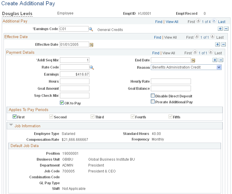 Create Additional Pay page (1 of 2)