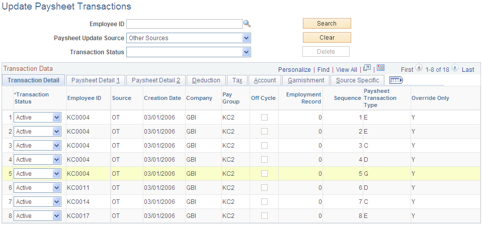 Update Paysheet Transactions page