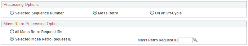 The Mass Retro Processing Option group box appears when you choose to process mass retro