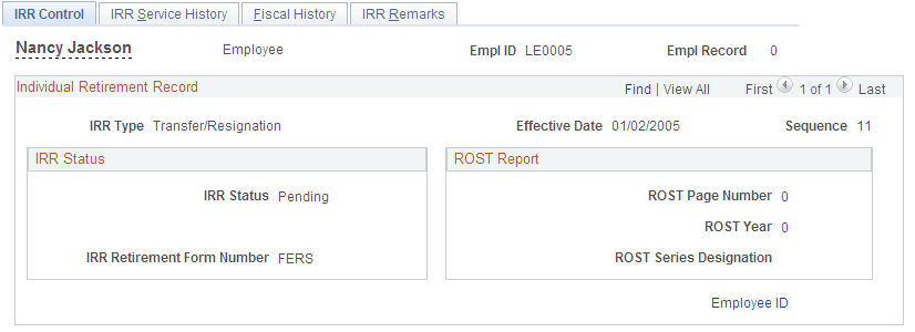 IRR Control (Individual Retirement Record control) page