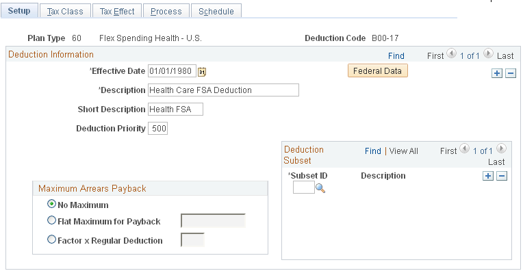 Deduction Table - Setup page