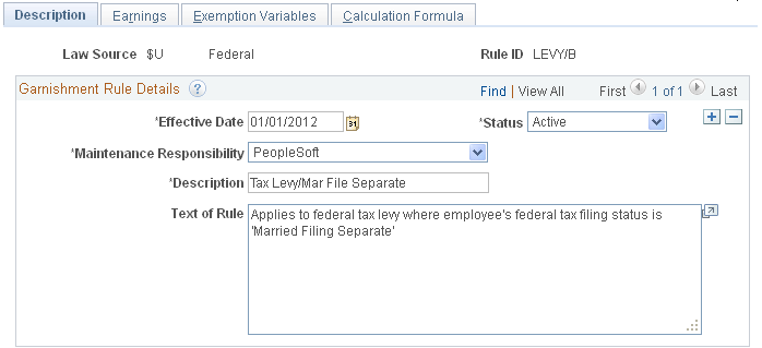 Garnishment Rules Table - Earnings page