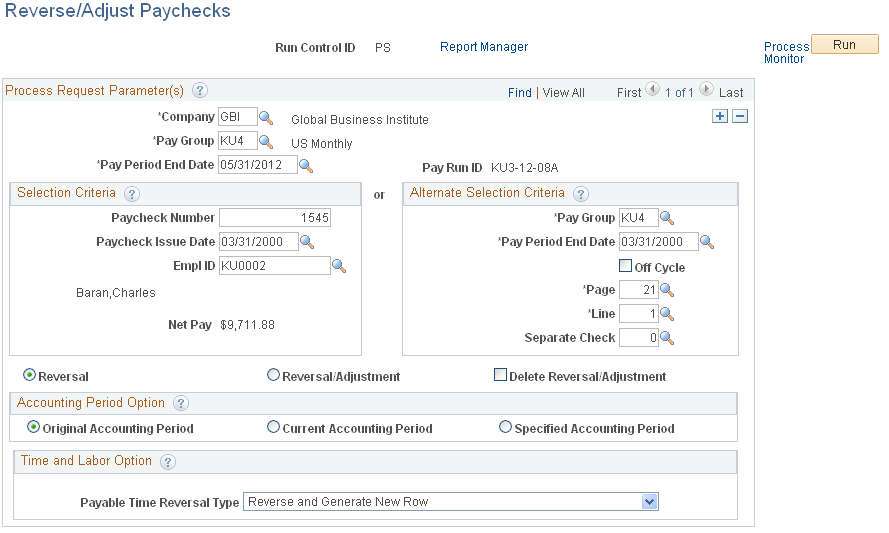 Reverse/Adjust Paychecks page