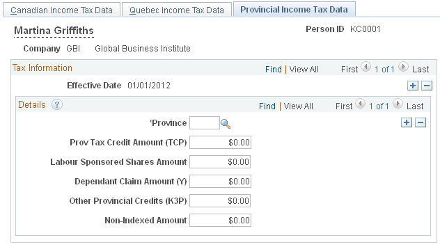 Provincial Income Tax Data page