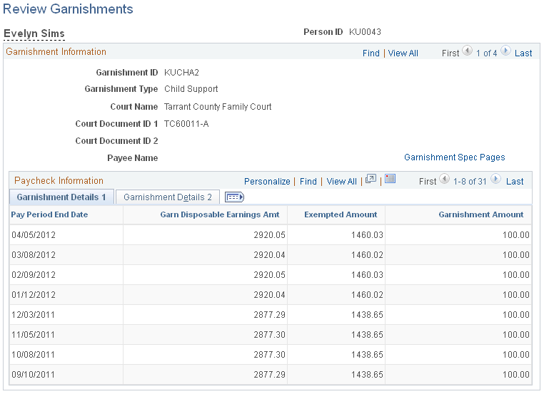 Review Garnishments page