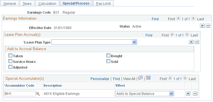 Earnings Table - Special Process page