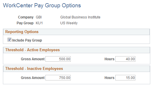 WorkCenter Pay Group Options page