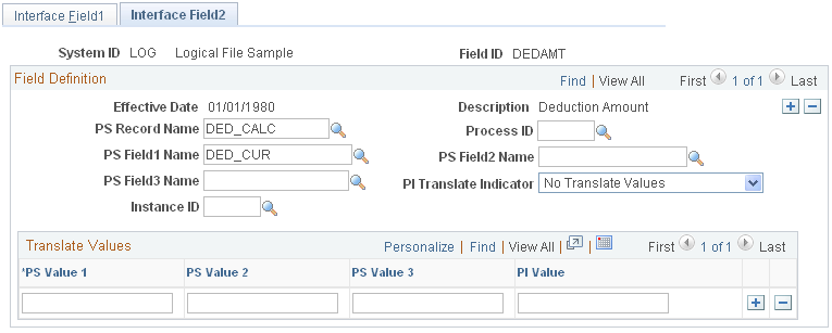 Interface Field2 page for Step 2b: Set Up the Field Definition Table Component, PeopleSoft Table and Fields