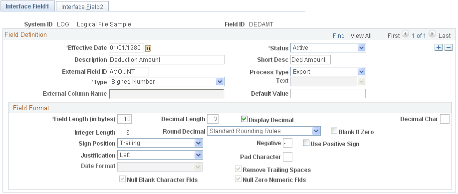 Interface Field1 page for Step 2a: Set Up the Field Definition Table Component, Export File Fields