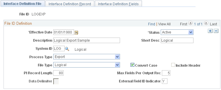 Interface Definition Record page for Step 4b: Set Up the Definition Table Component, Record