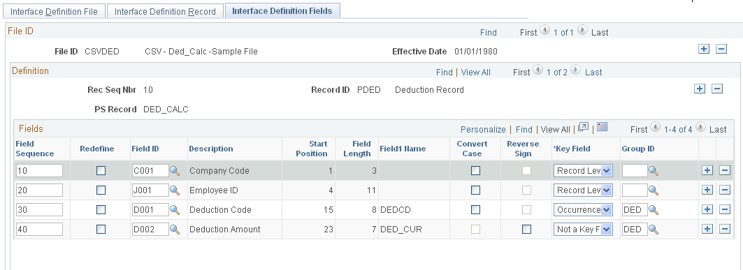 Interface Definition Fields page, sample interface definition used for import