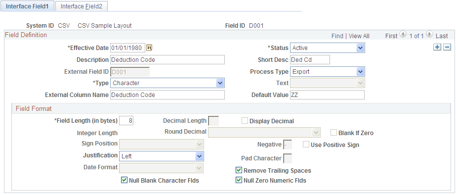 Interface Field1 page for Step 1: Set Up the Field Definition Table Component, Export File Fields