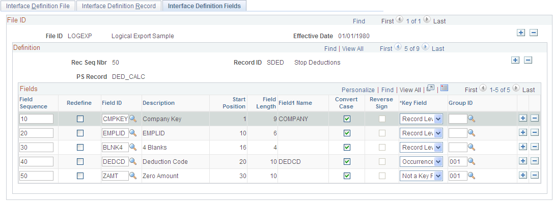 Interface Definition Fields page for Step 3c: Set Up the Definition Table Component, Fields