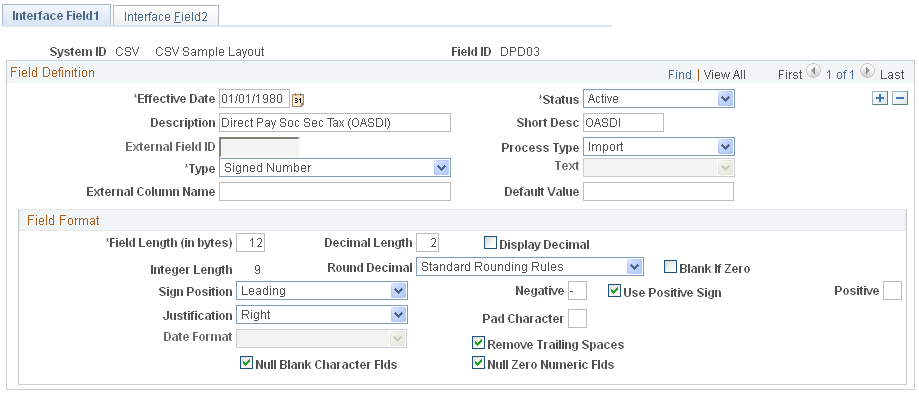 Interface Field1 page, sample field ID used for import
