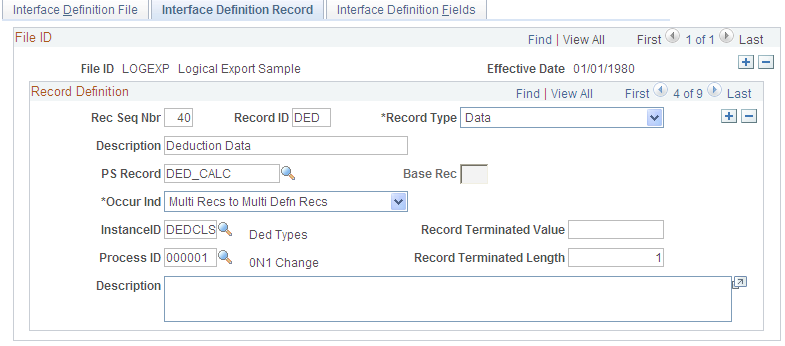 Interface Definition Record page for Step 3b: Set Up the Definition Table Component, Record