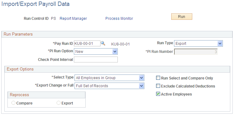 Import/Export Payroll Data page for Step 2: Run the Export Process