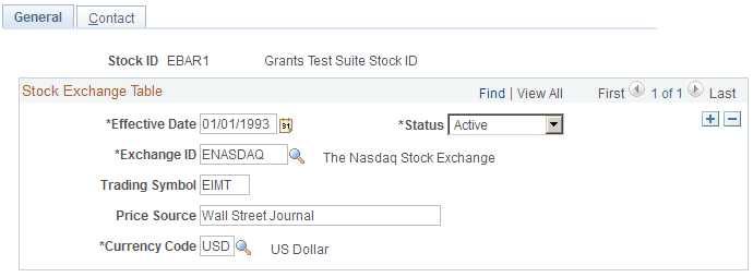 Stock Exchange Table - General page