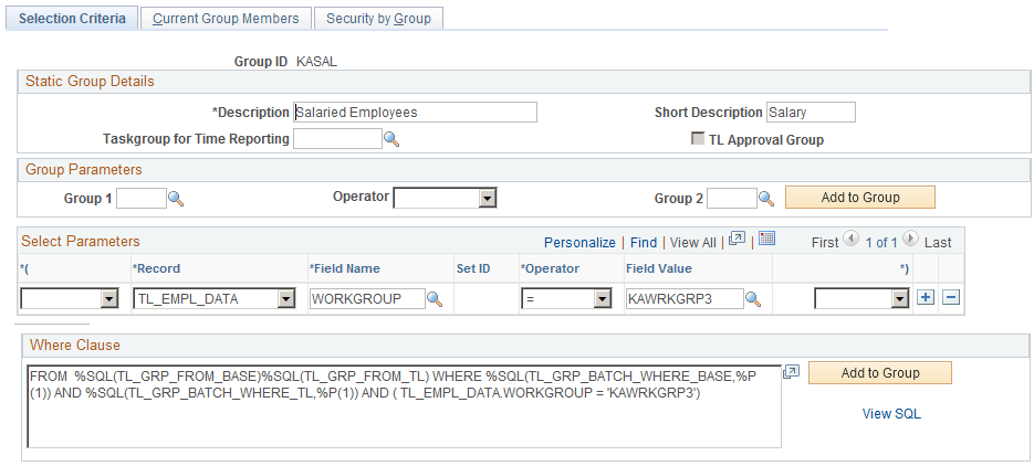 Static Group - Selection Criteria page