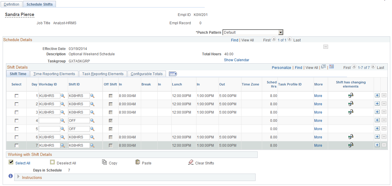 Schedule Shifts page