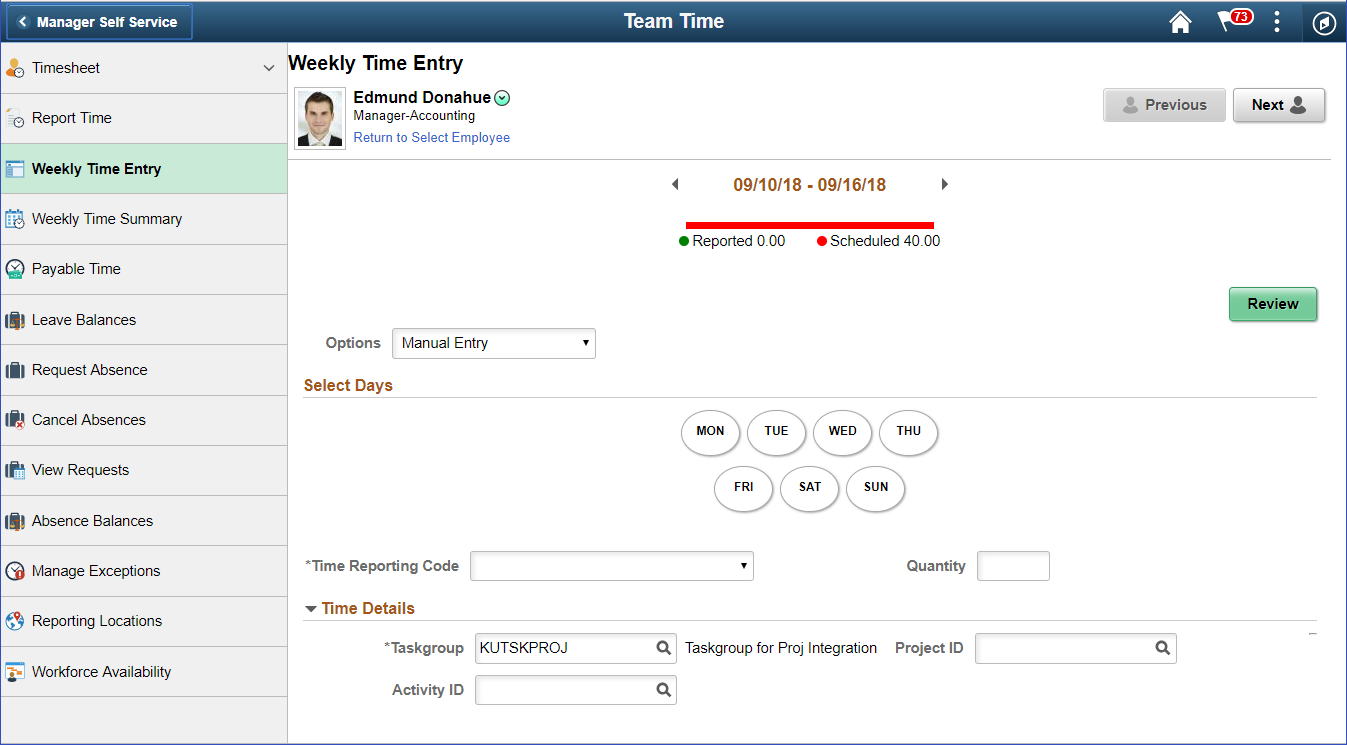 Weekly Time Entry Page for Manager Self Service