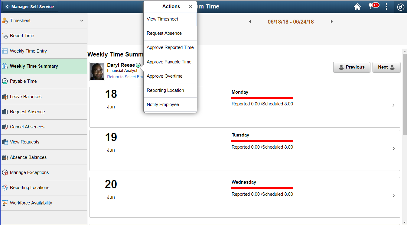 Weekly Time details with Related actions