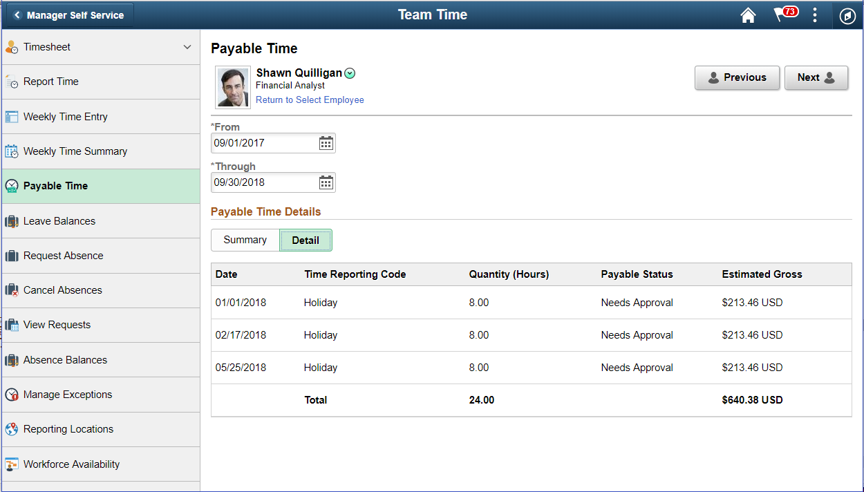 Payable Time Detail page