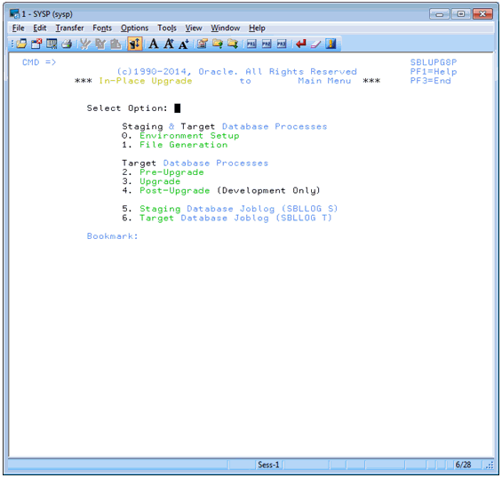 The Siebel In-Place Upgrade Main Menu options are: 0. Environment Setup, 1. File Generation, 2. Pre-Upgrade, 3. Upgrade, 4. Post-Upgrade (Development Only), 5. Staging Database Joblog (SBLLOG S), 6. Target Database Joblog (SBLLOG T).