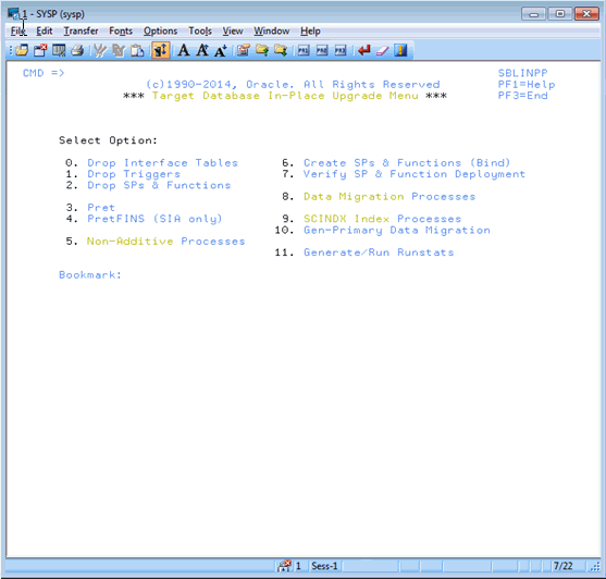 The Target Database In-Place Upgrade Menu options are: 0. Drop Interface Tables, 1. Drop Triggers, 2. Drop SPs and Functions, 3. Pret, 4. PretFINS (SIA Only), 6. Create SPs and Functions (Bind), 7. Verify SP and Function Deployment, 8. Data Migration Processes, 9. SCINDX Index Processes, 10. Gen-Primary Data Migration, 11. Generate/Run Runstats.
