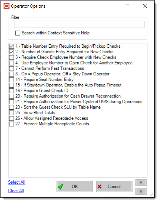 This figure shows the Employee Classes Operations Options required for users to assign Banquet Checks to room names from the POS workstation.