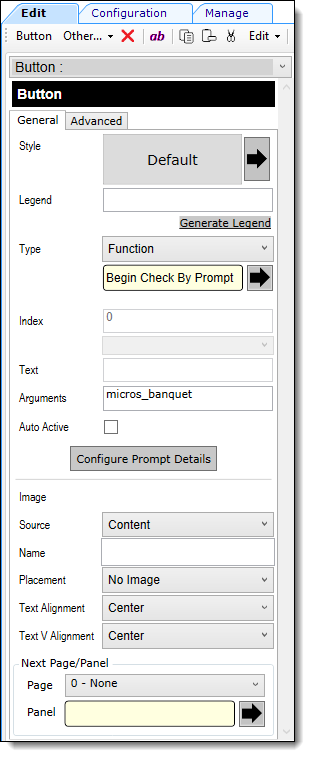 This figure shows how to configure the Begin Check By Prompt button from Page Design in the button properties panel.