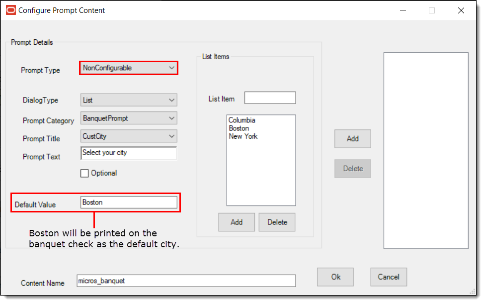 This figure shows the non-configurable prompt details window and some example configuration settings.