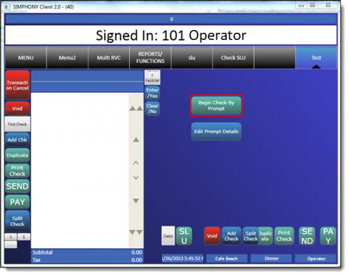 This figure shows how initiate a Banquet Check from the POS workstation using the Begin Check By Prompt button.